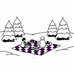 Winter Picnic Scene with Two Figures and Evergreen Trees.
