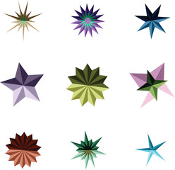 Collection of abstract star shapes in various colors and designs graphic
