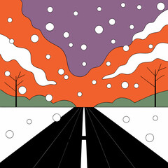 Winter Road Trip A Snowy Landscape Illustration.