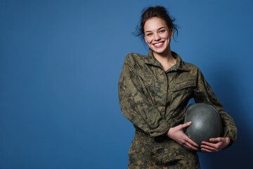 Young caucasian female soldier smiling in uniform with helmet on blue background