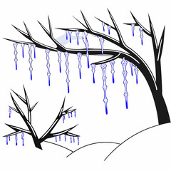 Winter Trees with Icicles Illustration in Black and White.