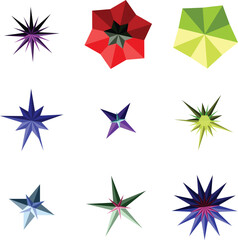 Collection of Abstract Star Shapes in Various Colors and Designs on White