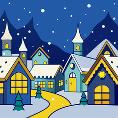 Winter Village Illustration Cozy Homes and Snowy Mountains.