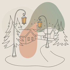 Winter Village Line Art with Cozy Houses and Lanterns.