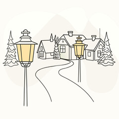 Winter Village Scene with Illuminated Streetlight and Snowy Houses.