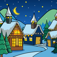 Winter Village Scene with SnowCovered Houses and Christmas Lights.