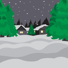 Winter Village Scene with SnowCovered Houses and Evergreen Trees.