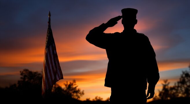 Silhouette of male soldier saluting during sunset with american flag