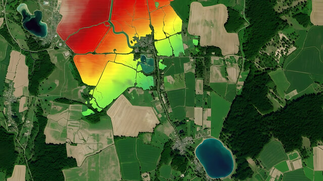 Advanced geospatial analysis displaying a flood risk simulation with a colorful heat map overlay on an aerial view of a rural landscape