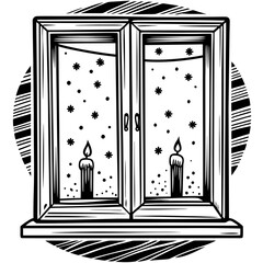 Winter Window Scene with Candles and Snowflakes Illustration.