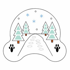 Winter Wonderland Paw Print Scene with Trees and Snowflakes.