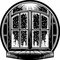 Winter Window Scene A Cozy View of Snowfall and Evergreen Trees.