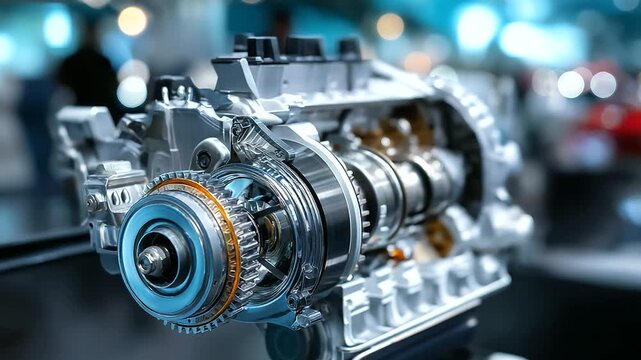 Modern engine cutaway, internal combustion reveal, cross-section detail view, mechanical component exposure, automotive engineering display, precision manufacturing showcase, defoc