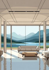 Fototapeta premium Stylized Interior with Panoramic View and Modern Furnishings, Serene Setting