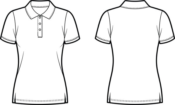 Title:Womens short sleeve polo shirt fashion flat sketches front and back viewsKeywords:womenswear, fashion design, apparel