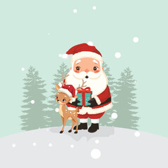 Cute cartoon Santa Claus and a reindeer standing in a snowy winter forest with falling snowflakes, holding a Christmas gift.