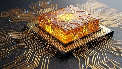 Advanced technology concept showcasing intricate golden circuit board design with a central luminous chip, perfect for illustrating innovation and future tech solutions,Generated Image
