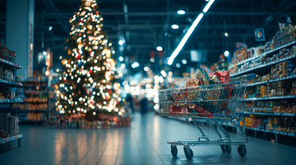 Christmas tree in a shopping cart, filled with gifts, inside a supermarket in the background