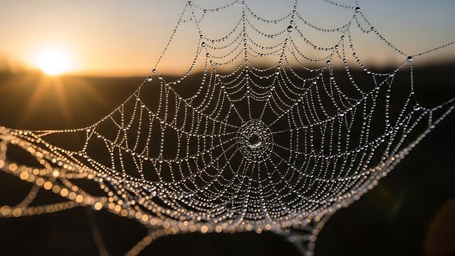 Dew-Kissed Spiderweb: Golden Sunrise Illuminating Delicate Strands and Water Droplets.