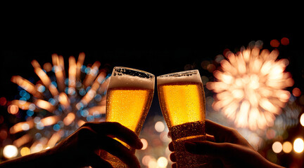 Two hands toasting with beer glasses against the backdrop of fireworks and celebrate new year.