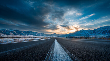 Asphalt highway road with clouds in the sky at dusk. Straight asph