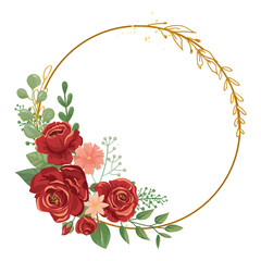 Watercolor flower wreath with gold circle frame.
