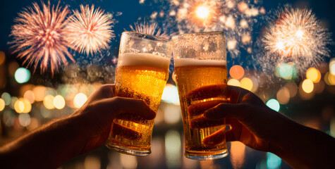 Two hands toasting with beer glasses against the backdrop of fireworks and celebrate new year.