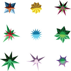 Collection of colorful geometric stars in various shapes and hues
