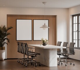 Modern Small Meeting Room Interior with Poster Frames Mockup &ndash; 3D Rendering
