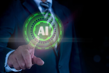 Businessman using technology smart robot AI, artificial intelligence by input command prompt to generate include photo animation research, Futuristic technology transformation.