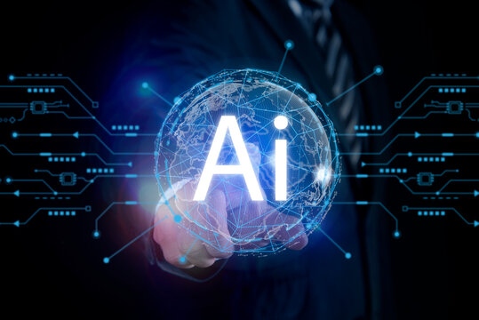 Businessman using technology smart robot AI, artificial intelligence by input command prompt to generate include photo animation research, Futuristic technology transformation.