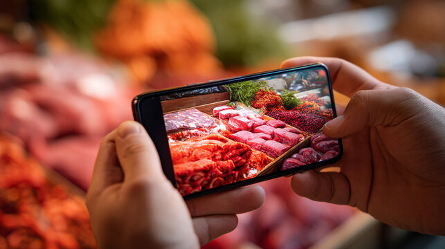 Person taking a photo of fresh meat selection at a butcher shop with a smartphone camera display