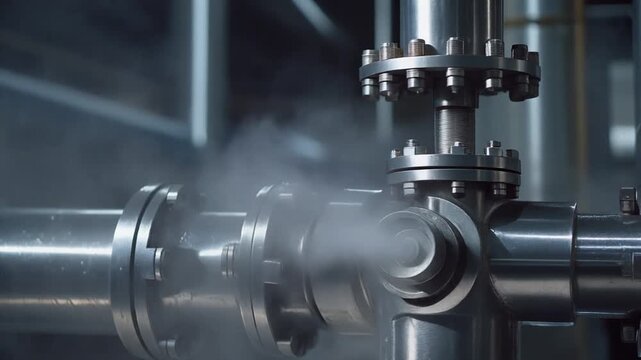 Close-up view of industrial pipes with steam escaping from a valve, highlighting industrial processes and engineering