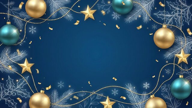 Christmas background with blue and gold ornaments and golden stars frame.