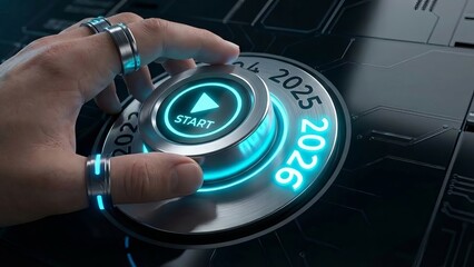 Finger pressing metallic start button with glowing 2026 text and futuristic interface.
