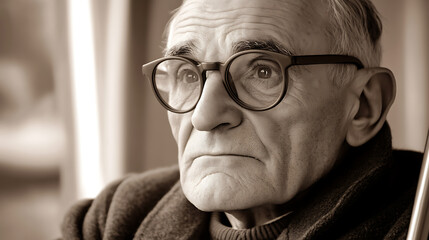 Sepia-toned portrait of an elderly man with glasses, thoughtful expression, indoors. The man shows a contemplative mood with age and wisdom radiating from his presence in the frame.