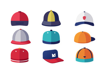 Set of nine colorful baseball caps and casual hats vector illustrations