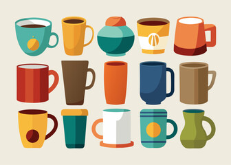 Large collection of vector illustrations of various colorful tea and coffee cups