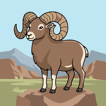 Cute Argali Sheep Standing on Rock Wild Mountain Ram Character Vector Illustration