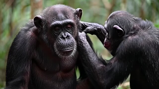 Chimpanzee with baby in forest, wildlife concept, close up of chimpanzee face with nature backdrop, mother, animal, primate.
