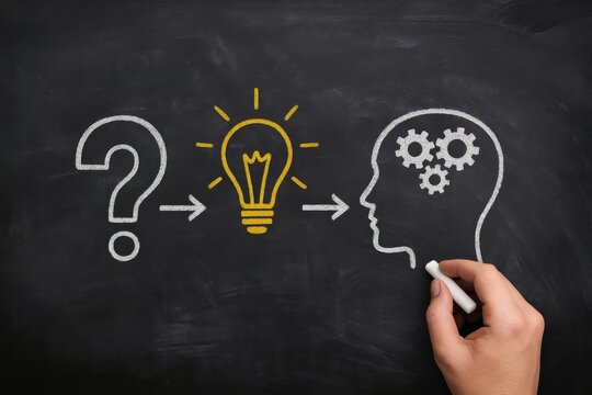 Conceptual illustration of problem-solving process, showing question leading to idea generation represented by a light bulb and cognitive processing illustrated with gears. Think, innovate, create.