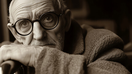 Contemplative monochrome portrait of an elderly man with round spectacles resting his head on his hands, conveying wisdom and introspection in soft, sepia tones.