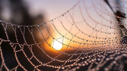 Delicate Spiderweb Adorned with Sparkling Dew Drops Backlit by Golden Sunrise.