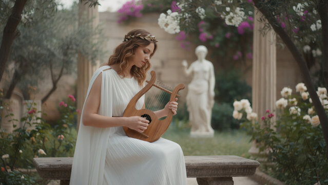 Woman musician in ancient greek dress playing lyre in a garden. Classical music performance and historical art concept. Mythological reenactment.