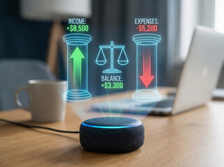 Smart device cash flow hologram showing income and expenses analytics