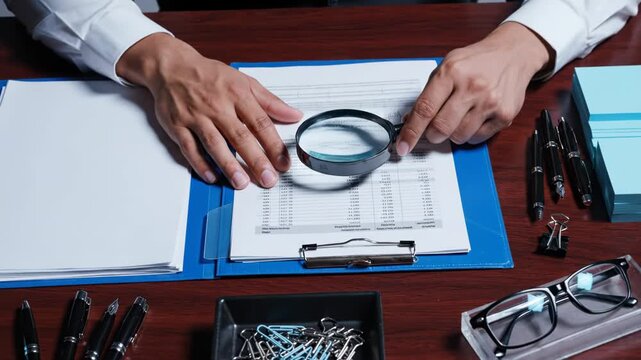 Businessman examining financial document with magnifying glass over desk with pen, paperclip, glasses, and sticky note stack