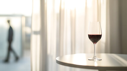 A glass of red wine sits on a round table in a bright, airy room. Natural light streams through sheer curtains, casting soft shadows. A figure walks past in the background, adding depth.