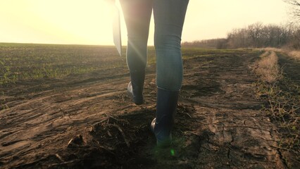 a farmer walks across a field with wheat in rubber boots with a tablet in his hands, an agricultural business, an agronomist examines the land, a business project for growing cultivated plants.
