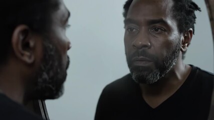 Close up of a thoughtful black man with dreadlocks looking at his reflection in a mirror while touching his face