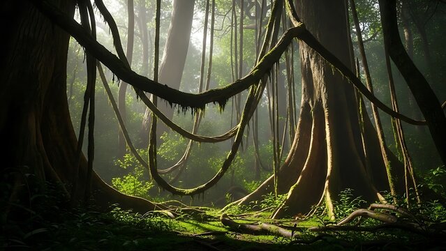 Enchanting Jungle: Sunlit Lianas Giant Buttress Roots and Misty Greenery. - Powered by Adobe